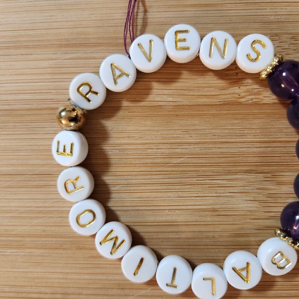 Hand Crafted Stretch Bracelet Purple White Gold Baltimore Ravens - Picture 4 of 5